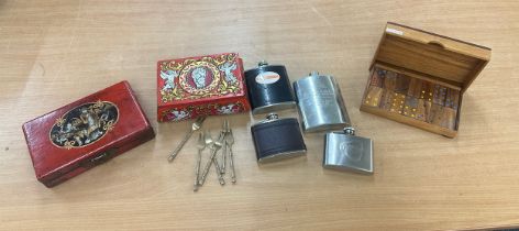 Selection of miscellaneous inlcudes vintage domino sets, 4 hip flasks etc