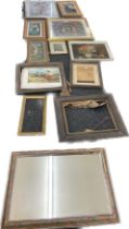 Selection of vintage and later pictures, prints, mirror and frames, various sizes and genre, (12