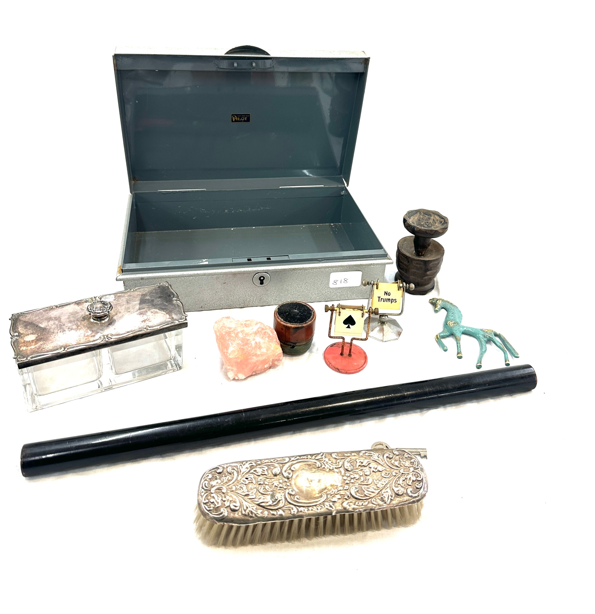 Selection of collectable items includes silver topped brush, quartz stone etc