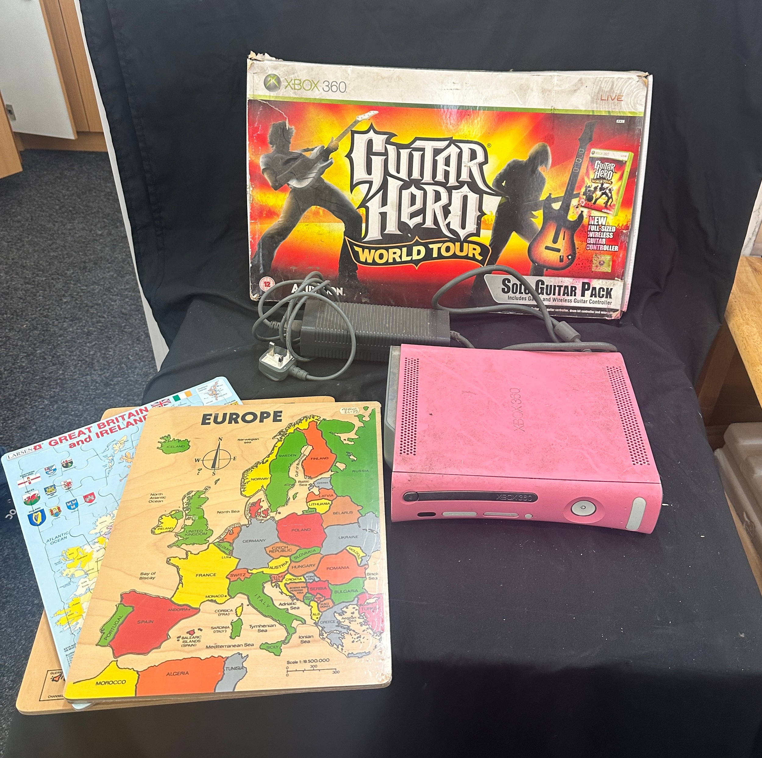 Selection of gaming items to include pink xbox 360 guitar hero and puzzles - all untested