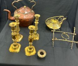 Selection of brass and copper ware includes kettle on stand etc