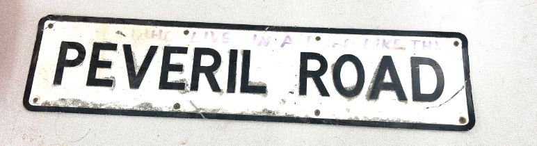 Vintage metal street sign Peveril Road measures approx 39 inches long by 9 inches tall