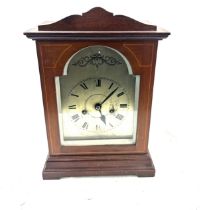 Mahogany inlaid Edwardian bracket clock with pendulum and key, untested, Height 12 inches, Width 9.5