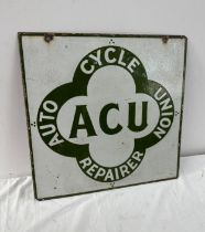 Vintage SCU Auto Cycle Union repair double sided enamel sign 20 inches by 20 inches