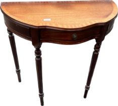 Mahogany inlaid half moon hall table measures approximately 30 inches tall 32 inches wide 16