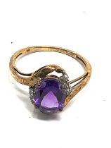 9ct gold vintage amethyst & clear gemstone twist setting dress ring (2.1g)