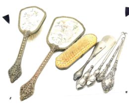 Antique silver handle shoe horns/ button hooks and petit point vanity set