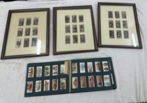 Three framed cigarette cards and 1 cigarette card album