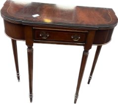 Mahogany inlaid half moon hall table measures approximately 30 inches tall 29 inches wide 11.5