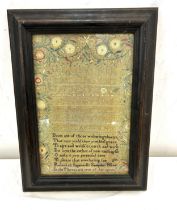 Framed picture of an early sampler measures approx 15 inches by 11 inches