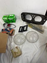 Large selection of vintage car parts includes Fuel pump, crossland filters etc