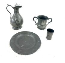 Selection of vintage pewter includes 2 handled cup, jug, plate etc