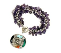 Silver amethyst bracelet and a stone set Scottish agate stone set brooch by miracle