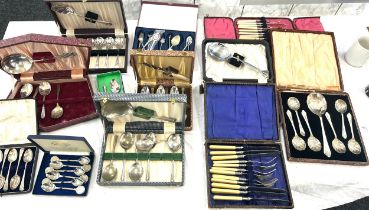 Large selection of cased cutlery sets includes spoons etc