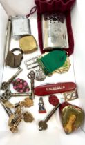 Tray of collectable items includes Ronson lighter, Keys, Hand warmer, Yard O Led etc