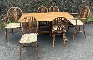 old charm oak rectory table and 6 wheel back chairs including 2 carvers