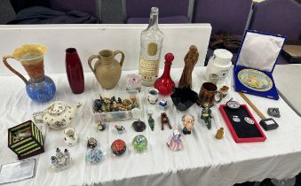 Selection of assorted pottery and collectables includes glass whiskey bottle, west german vase,