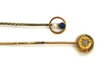 2 x 15ct gold topped antique gemstone and pearl stick pins