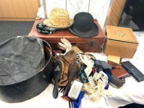 Vintage suitcase, purses, hats, clothes etc