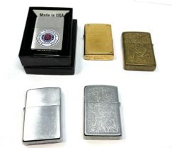 5 x Zippo Lighters Inc Vintage Brass Brushed Steel Rangers Football Club Etc UNTESTED Items are in