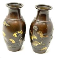 Pair of antique Japanese bronze and mixed metal vases of baluster form.floral decoration long beaked