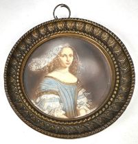 Antique Miniature Portrait Painting Framed measures approx 10cm dia painting measures approx 7.7cm