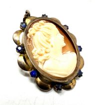 Vintage 9ct gold & blue stone set ornate framed cameo pendant brooch measures approx 4.5cm drop by