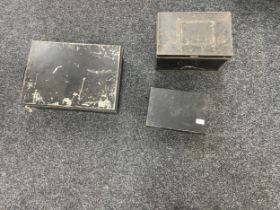 3 Vintage metal storage boxes, largest measures approximately 18 inches wide 13 inches depth 7