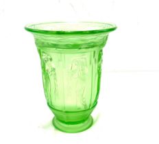 Art deco style green glass flower vase height 7.5 inches