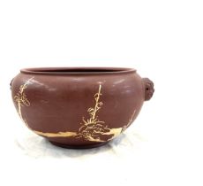 Oriental clay pot, measures approximately 6 inches tall 10 inches diameter