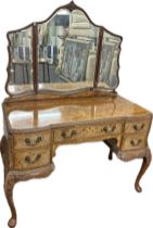 Burr walnut queen anne dressing table with triple mirror 64 inches tall 45 inches wide