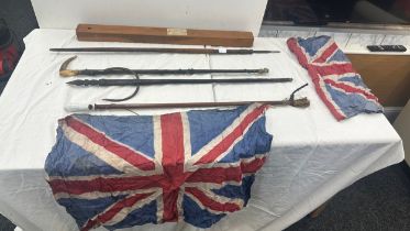 Selection of walking sticks, spear etc 2 union jack flags