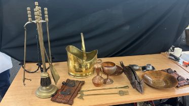 Large selection of miscellaneous includes metal ware includes fire irons, coal bucket etc