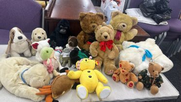 Large selection of teddies, dolls, vintage pram etc