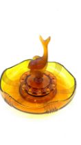 Vintage Art Deco Czech Josef Inwald amber Glass Flying Fish Bowl, c1930, chip to base of fish