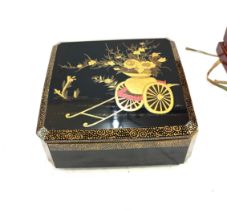 Vintage black lacquer hand painted box in a wooden case