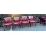 Set of 4 antique board room chairs mahogany and red leather