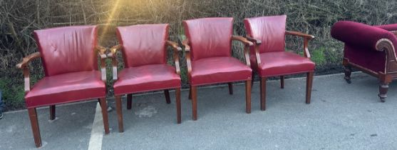 Set of 4 antique board room chairs mahogany and red leather