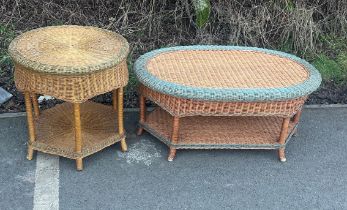 2 Wicker tables includes coffee and lamp table largest measures approximately 39 inches wide 17