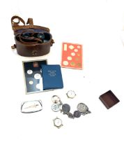 Selection of collectables includes WW1 medal to SPR.H.Radburn R.E, binoculars, coins etc