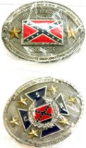 1 Confederate state belt buckle, 1 Confederate Southern Cross of honour belt buckle