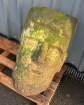 Large carved sandstone head, possibly medieval, measures approximately Height 27 inches, Depth 19