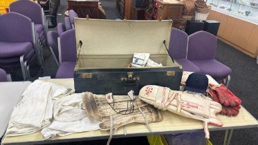 Vintage trunk full of assorted Cricket uniform and accessories