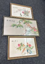 Three framed Chinese embroidery silks, largest measures approximately 22 inches tall 40 inches wide
