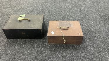 2 Vintage metal cash boxes, largest measures approximately 15 inches wide 10 inches depth 5 inches