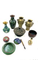 Selection of vintage vases includes brass urns, cloisonne etc