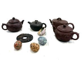 Tray of oriental items includes tea pots, eggs etc