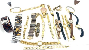 Large selection of ladies gold toned wrist watches includes fossil, bulova, accurist, rotary,