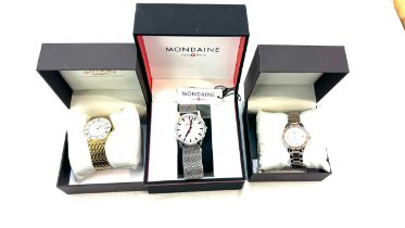 Selection of 3 boxed watches includes His and hers, mondaine, helvetica etc all untested