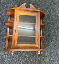 Oak wall hanging cabinet measures approx 24 inches tall by 20 inches wide and 9 deep